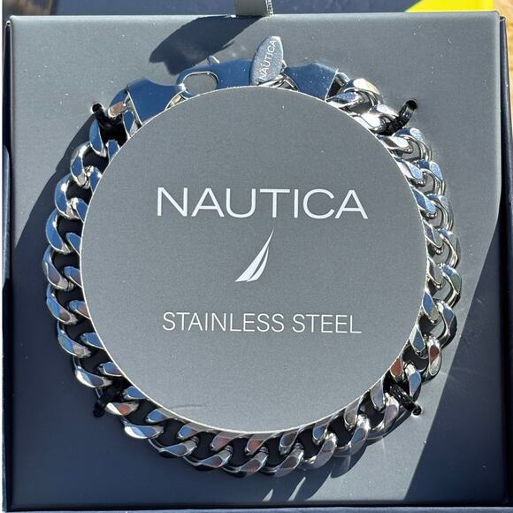 Nautica mens stainless steel Cuban link chain bracelet 8.5 in lobster clasp NIB - Picture 14 of 16
